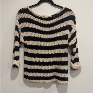 Topshop Off-Shoulder Sweater in Dark Blue and Cream Stripes 100% Cotton Size 2